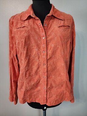 Vintage 52 Weekends Size XXL Orange Western Floral Embroidered Corduroy Shirt